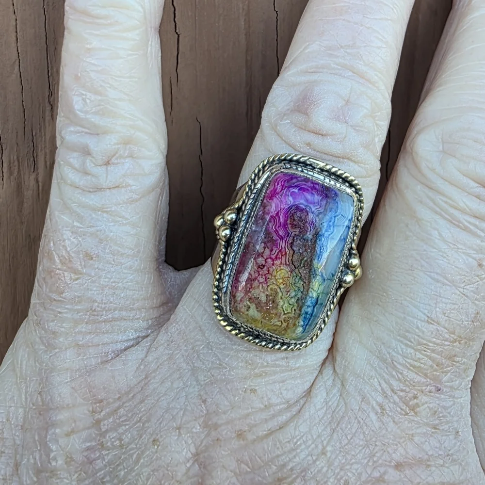 Crazy Lace Gemstone Ring in 925 Sterling Silver w/ Gold Vermeil Accents (7)
